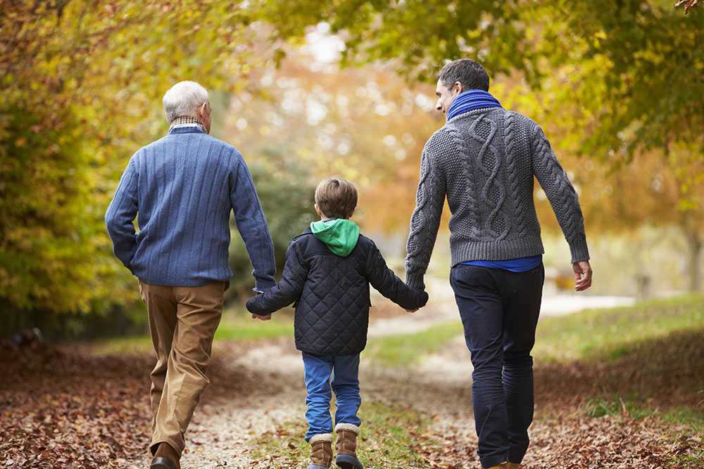 Rear view of male multl generation family walking on path
